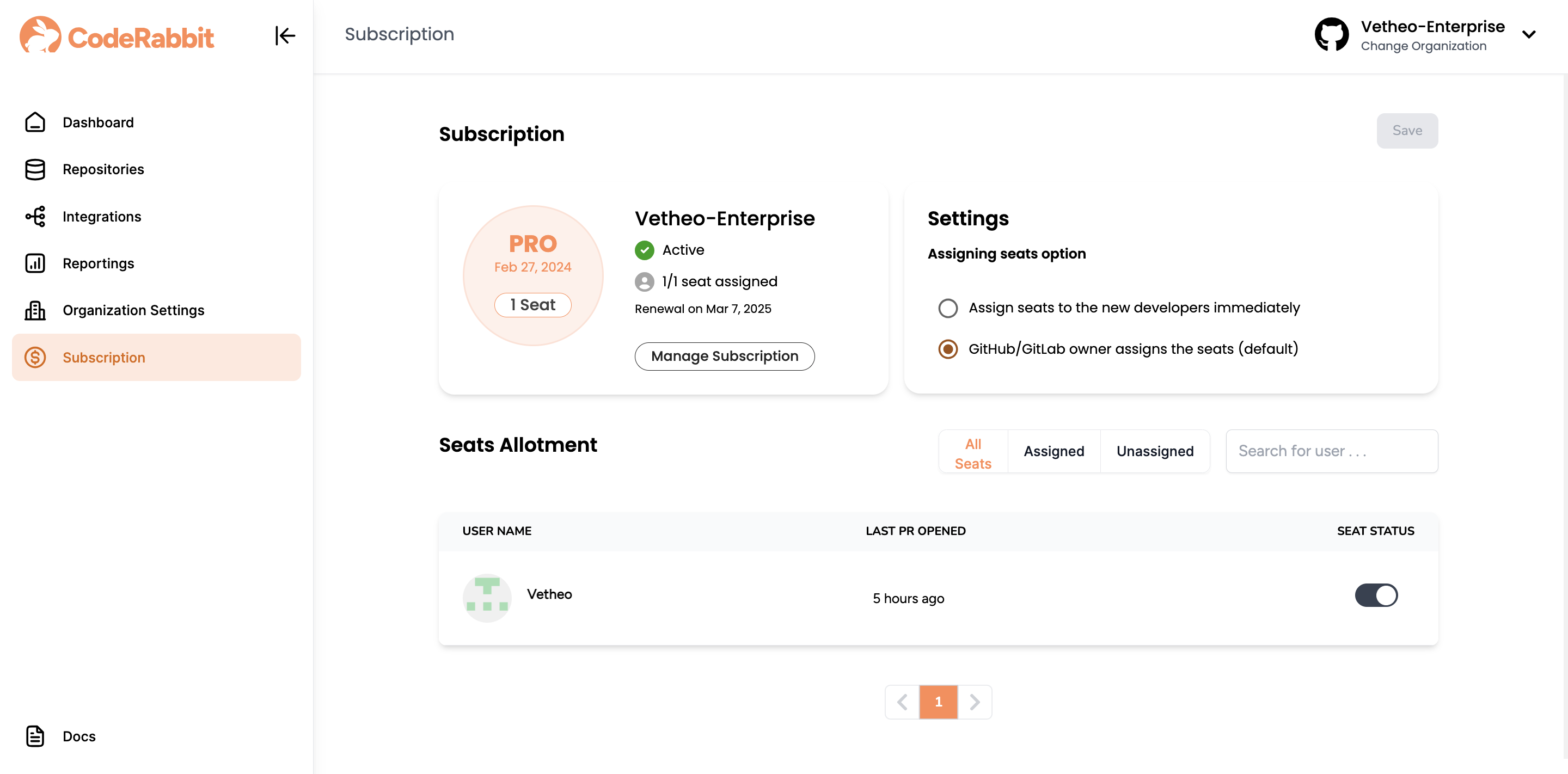 Seat Management for CodeRabbit Subscription